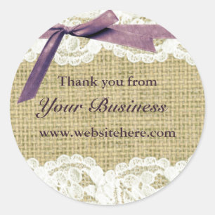 Sticker Rond Burlap et dentelle Beige pourpre Bow shabby chic é