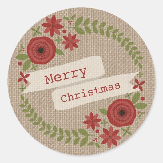 Sticker Rond Burlap Inspecred Floral Wreath Christmas (Devant)