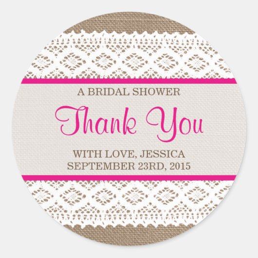 Sticker Rond Burlap rustique et Fête des mariées en dentelle bl (Devant)