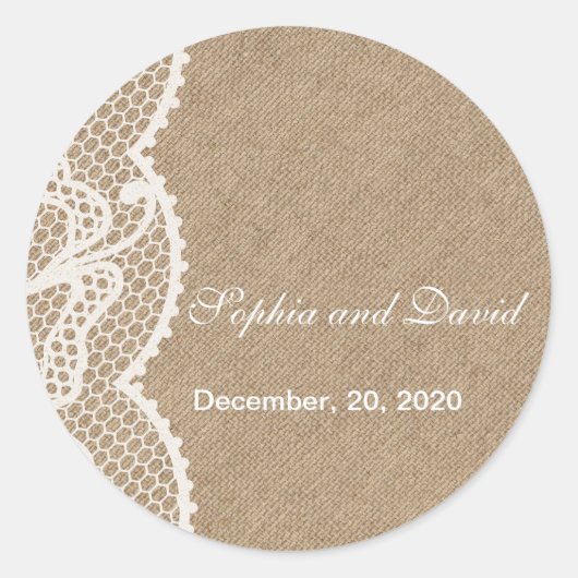 Sticker Rond Burlap rustique et mariage de dentelle Favoriser l (Devant)