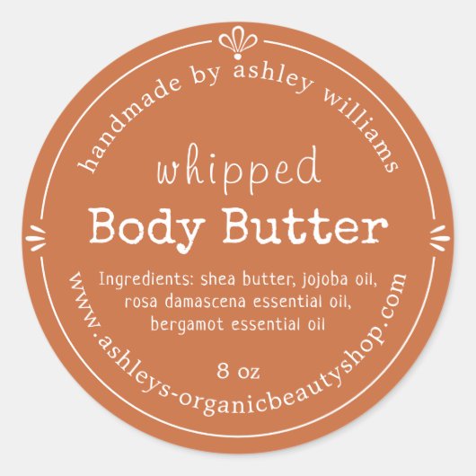 Sticker Rond Burnt Orange Script Handmade Body Butter Label (Devant)