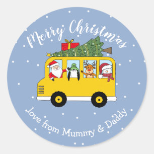Sticker Rond bus scolaire de Noël père Noël emballage cadeau