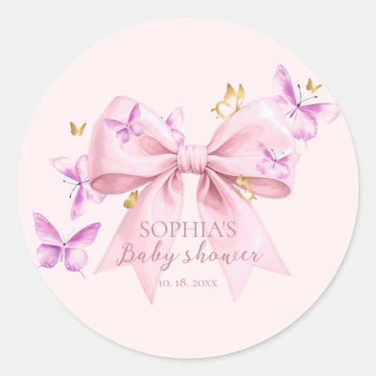 Sticker Rond Butterfly Pink Bow Baby Shower  (Devant)