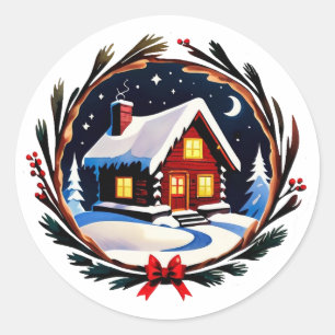 Sticker Rond Cabane d'hiver enveloppée d'une couronne festive