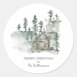 Sticker Rond Cabane Rustique Noël Personnalisé Vert Forêt de No