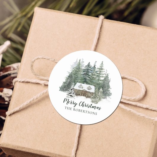Sticker Rond Cabine de Noël rustique Woodland d'hiver