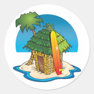 Sticker Rond Cabine Tiki avec surf et palmier