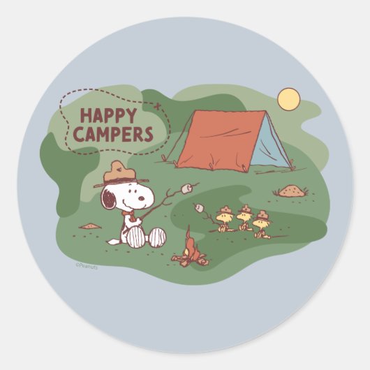 Sticker Rond cacahuètes | Snoopy & Woodstock Happy Campers (Devant)