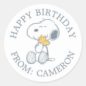 Sticker Rond cacahuètes | Snoopy & Woodstock Hug | Joyeux anniv (Devant)