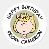 Sticker Rond cacahuètes | Visages de Sally | Joyeux anniversair (Devant)