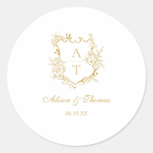 Sticker Rond Cachet de mariage à monogramme en écriture dorée (Devant)