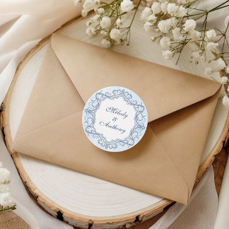 Sticker Rond Cachet de mariage orné monogramme bleu français