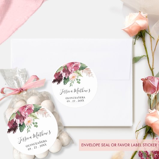 Sticker Rond Cachet / Favori floral bordeaux et rose