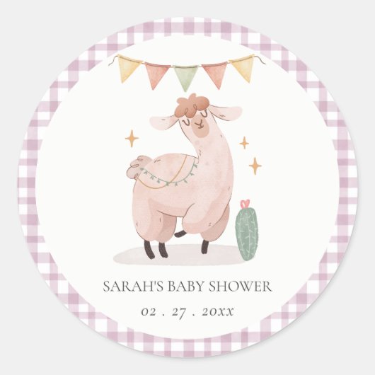 Sticker Rond Cactus Boho Llama mignonne violet plaid Baby showe (Devant)