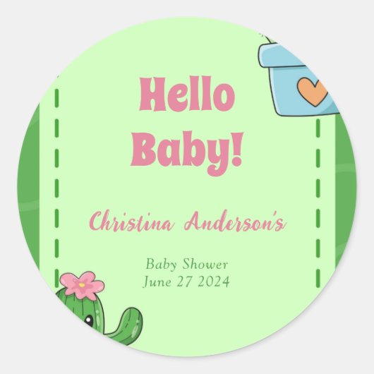 Sticker Rond Cactus Bonjour Baby shower Vert rose Gris (Devant)