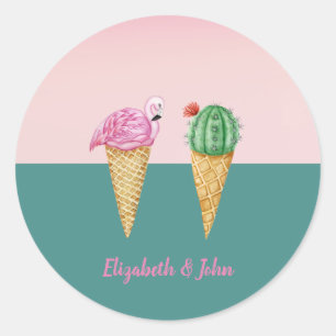 Sticker Rond Cactus de cônes de glace colorés Flamants roses