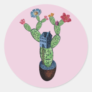 Sticker Rond Cactus épineux avec des fleurs