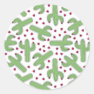 Sticker Rond Cactus illustré et motif de fleurs rose
