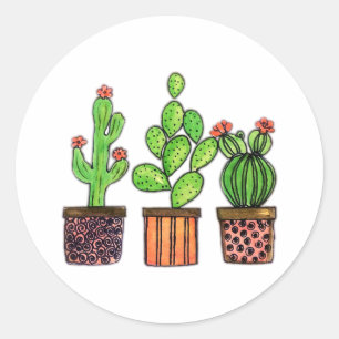 Sticker Rond Cactus mignon d'aquarelle dans des pots