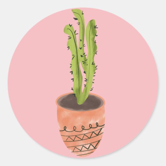 Sticker Rond Cactus Plante Terracotta main tirée rose (Devant)