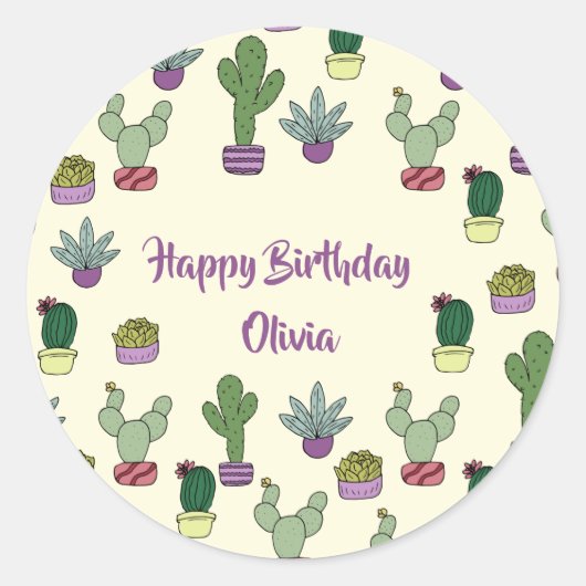 Sticker Rond Cactus Succulent Cactus Plantes Posés Joyeux Anniv (Devant)