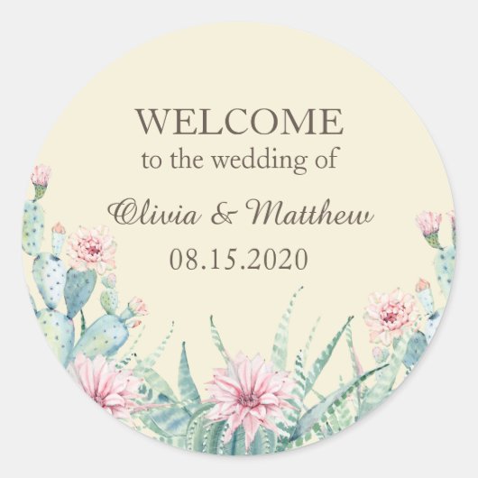 Sticker Rond Cactus vert et succulent floral. Accueil mariage (Devant)