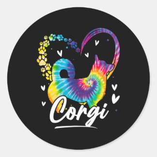 Sticker Rond Cadeau Amoureux des chiens Corgi Tie Dye Rainbow