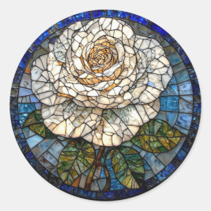 Sticker Rond Cadeau d'art de vitrail de rose blanche 🌹