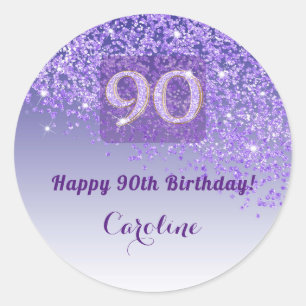 Sticker Rond Cadeau de 90e anniversaire paillettes violet éléga