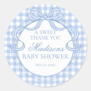 Sticker Rond Cadeau de Baby Shower à nœud Coquette en Vichy Ble