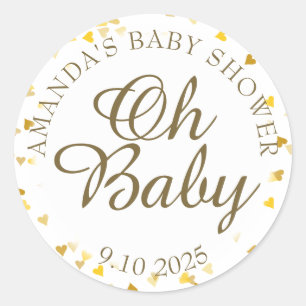 Sticker Rond Cadeau de Baby Shower Cœurs Dorés Oh Bébé