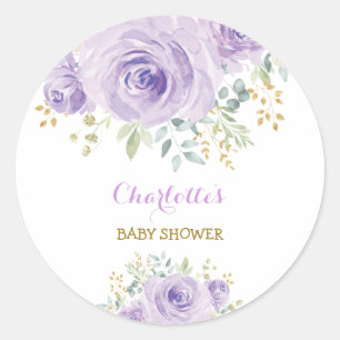 Sticker Rond Cadeau de Baby Shower Fleurie Violet Lilac Féminin