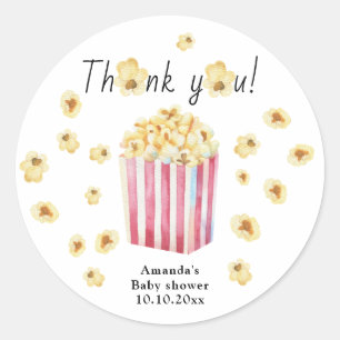 Sticker Rond Cadeau de Baby Shower Popcorn Aquarelle Merci