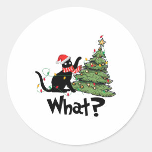 Sticker Rond Cadeau de chat noir amusant poussant le sapin de N