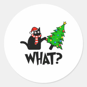 Sticker Rond Cadeau de chat noir amusant poussant le sapin de N