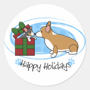 Sticker Rond Cadeau de chiot de corgi de Noël de Kawaii