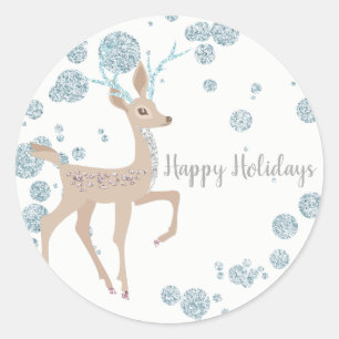 Sticker Rond Cadeau de fête Cerf Pailleté Argent Noël Magique