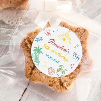 Sticker Rond Cadeau de fête d'anniversaire de fille de plage d'