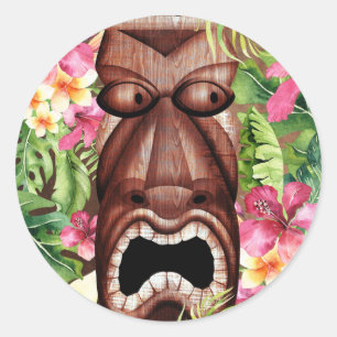 Sticker Rond Cadeau de fête en bois Tiki Hawaïen pour Luau d'ét
