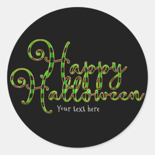 Sticker Rond Cadeau de fête rayé noir et vert Joyeux Halloween