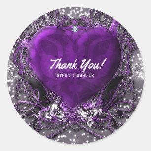 Sticker Rond Cadeau de fête scintillant cœur violet et argenté 