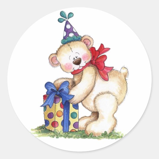 Sticker Rond Cadeau de l'ours d'anniversaire (Devant)