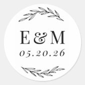 Sticker Rond Cadeau de mariage à monogramme de branche de lauri (Devant)