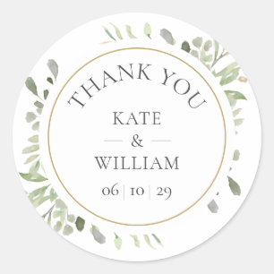 Sticker Rond Cadeau de mariage élégant aquarelle verdure or
