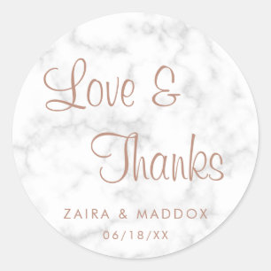 Sticker Rond Cadeau de mariage en marbre rose or Love et Remerc