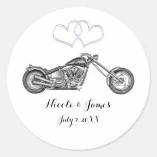 Sticker Rond Cadeau de mariage motard pour moto et coeurs argen