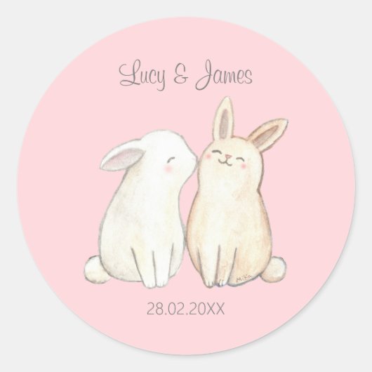 Sticker Rond Cadeau de mariage original couple de lapins mignon (Devant)