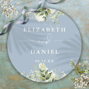 Sticker Rond Cadeau de mariage poussiéreux bleu Floral Greenery