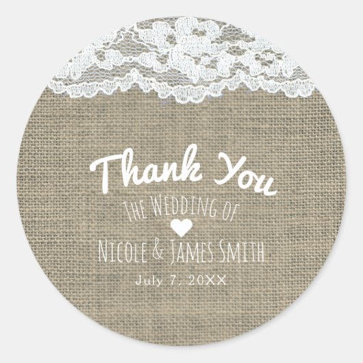 Sticker Rond Cadeau de mariage simple rustique élégant Burlap & (Devant)