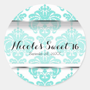 Sticker Rond Cadeau de mariage Teal Aqua Damassé Glamour Vintag